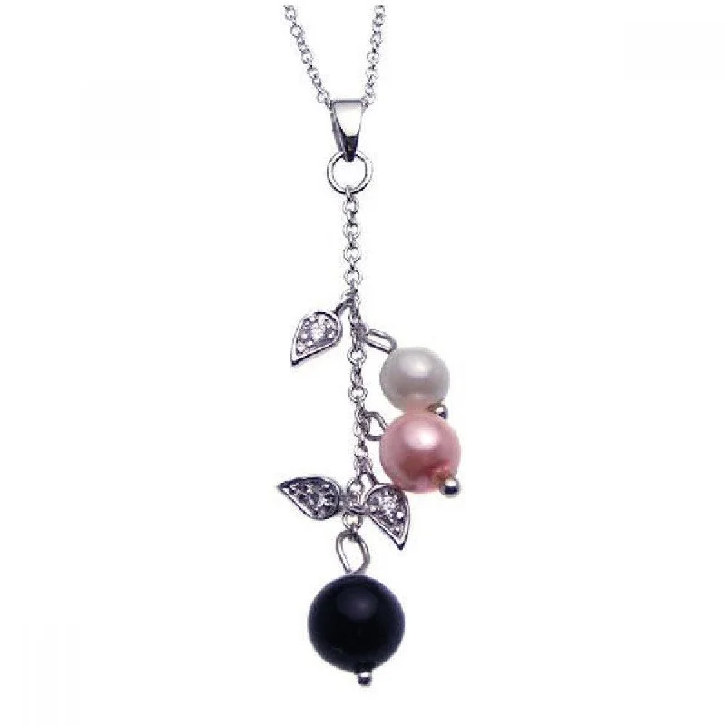 ladies necklaces butterfly-Clearance-Silver 925 Rhodium Plated Clear CZ Pearls Flower Pendant Necklace - STP00919