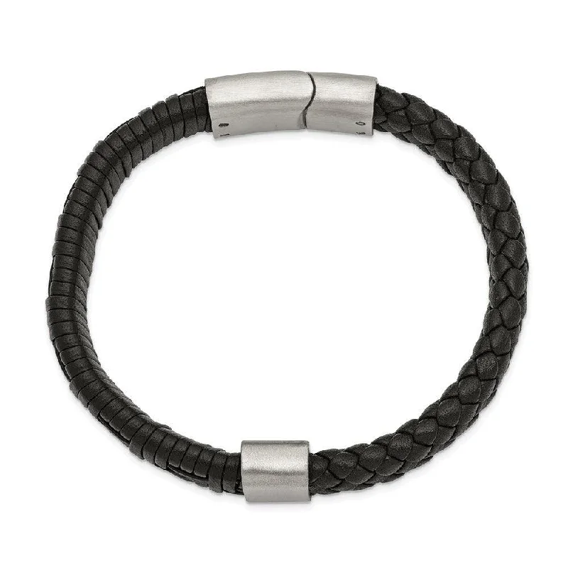 ladies bracelets understated-Stainless Steel Brushed Black Leather 8.25in Bracelet