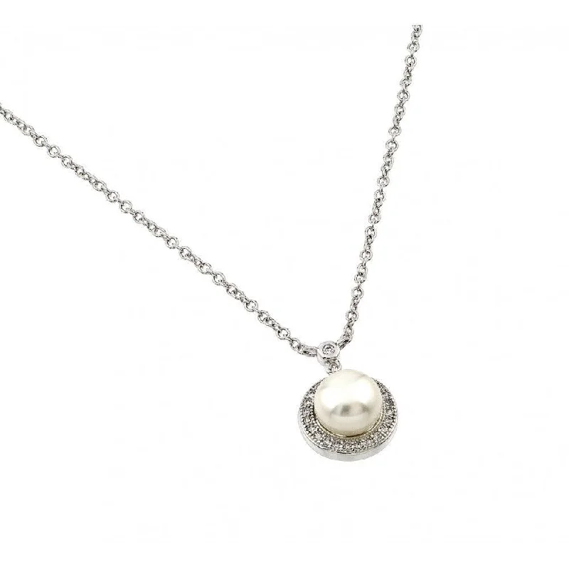 ladies necklaces outdoor-Silver 925 Rhodium Plated Clear CZ Round Circle Fresh Water Pearl Necklace - BGP00879