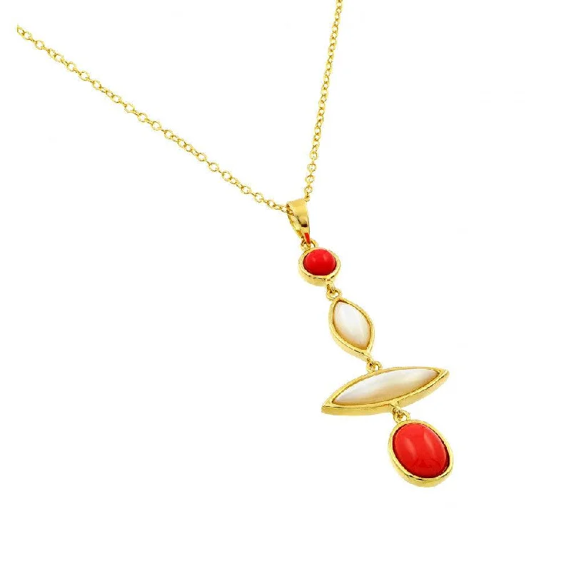 ladies necklaces bold design-Silver 925 Gold Plated Round and Marquise Shaped Red and White Stones Pendant Necklace - BGP00914