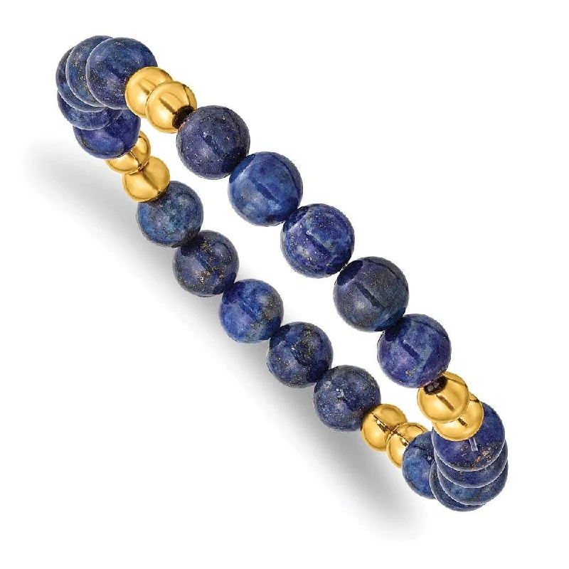 ladies bracelets care-Stainless Steel Polished Yellow IP-plated w/Lapis Beaded Stretch Bracelet