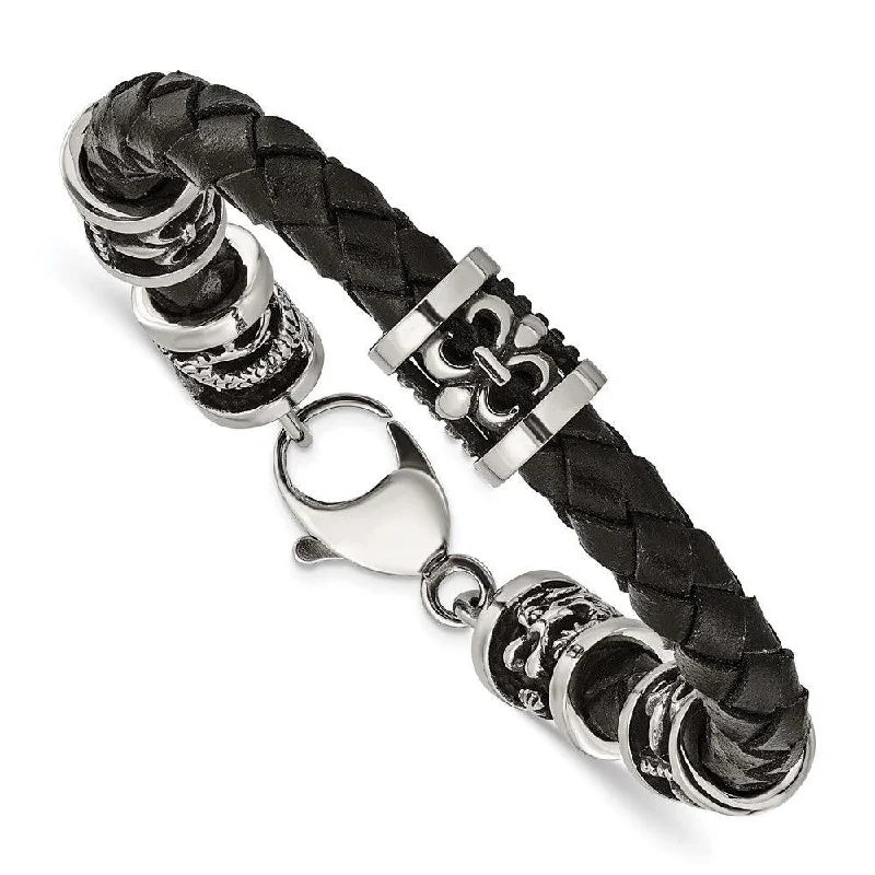 ladies bracelets evening-Stainless Steel Polished Antiqued Fleur De Lis/Dragon Blk Leather Bracelet