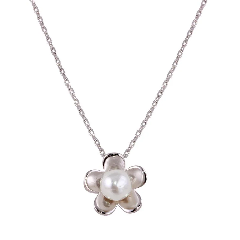 ladies necklaces floral-Rhodium Plated 925 Sterling Silver Pearl Flower Necklace - GMN00033