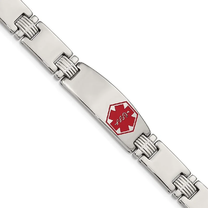 ladies bracelets tribal-Stainless Steel Polished/Brushed Red Enamel 8.25in Medical Bracelet