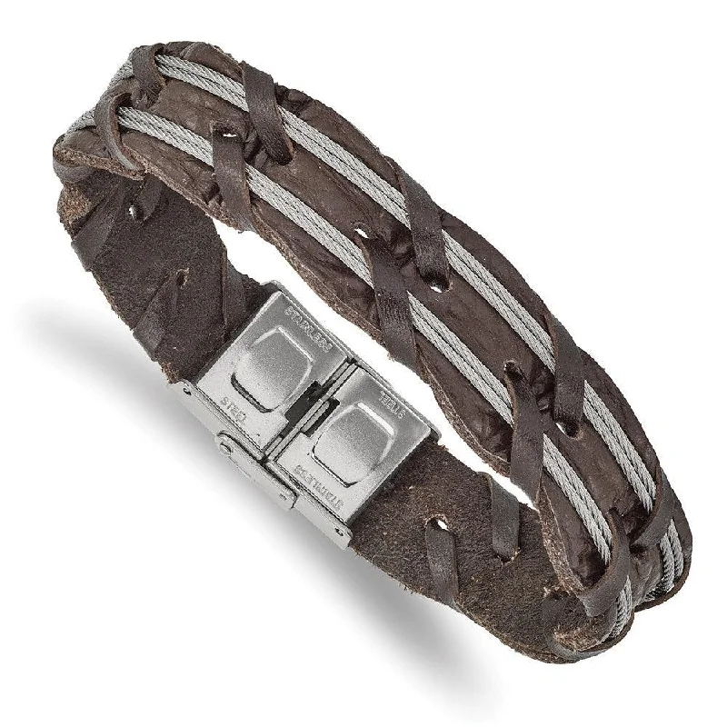 ladies bracelets rustic-Stainless Steel Polished Brown Leather and Wire Braided 8.5in Bracelet