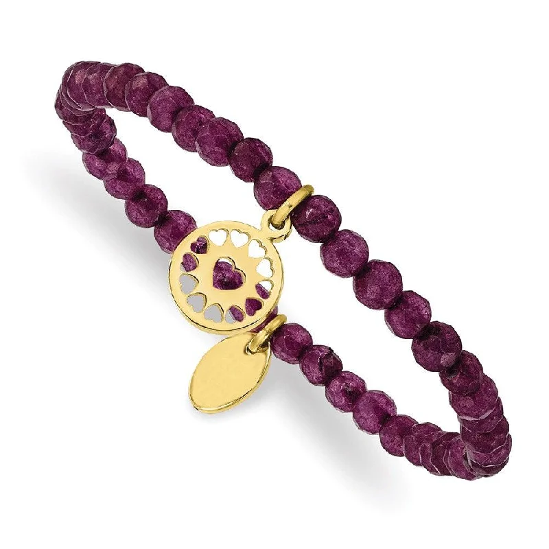 ladies bracelets resale-Stainless Steel Polished Yellow IP Heart Dark Purple Jade Stretch Bracelet