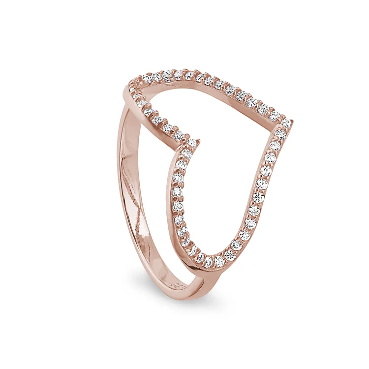 Ladies rings pre engagement -Rose Gold Finish Sterling Silver Micropave Open Heart Ring with Simulated Diamonds