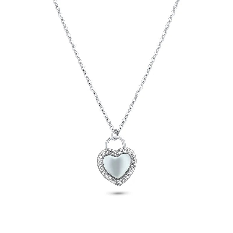 ladies necklaces brushed-Rhodium Plated 925 Sterling Silver Heart CZ Mother of Pearl Necklace - GMN00203