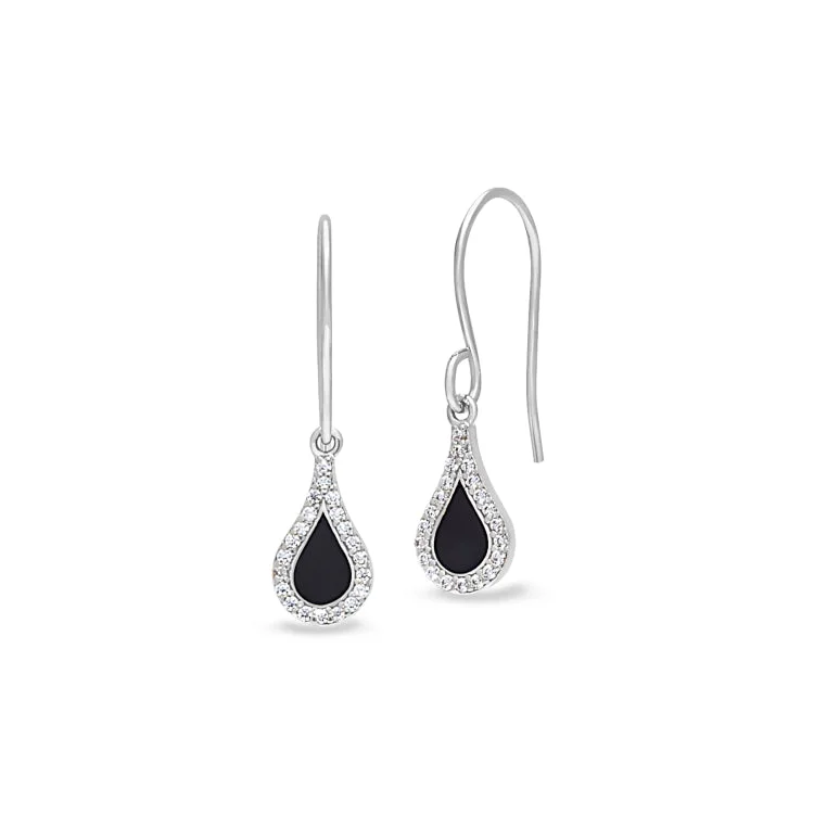 Ladies earrings zen vibe -Platinum Finish Sterling Silver Micropave Black Enamel Teardrop Earrings with Simulated Diamonds