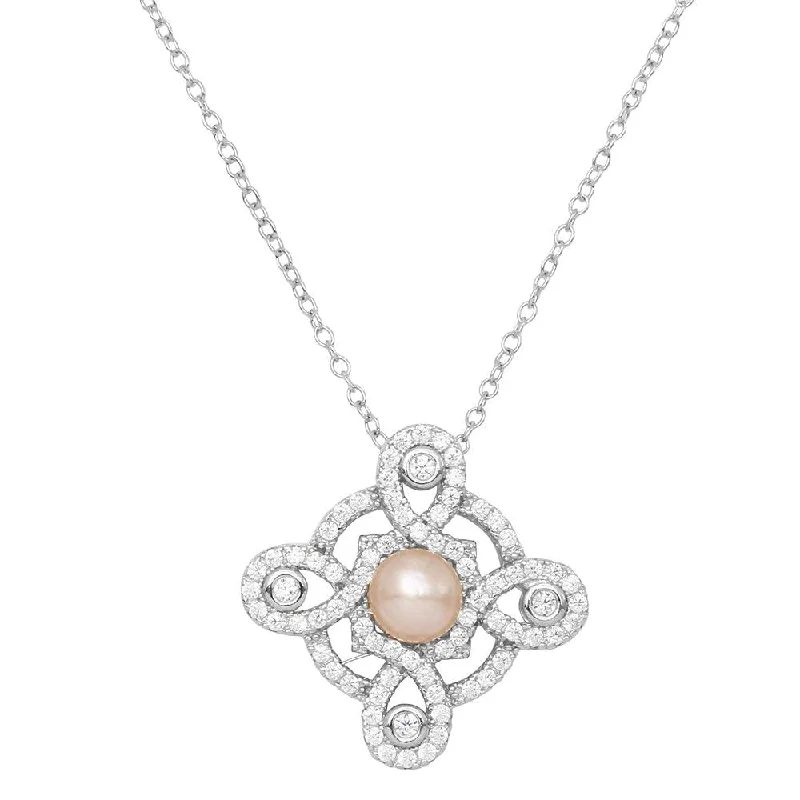 ladies necklaces new-Rhodium Plated 925 Sterling Silver CZ Encrusted Outline Cross with Fresh Water Pearl Necklace - BGP01159