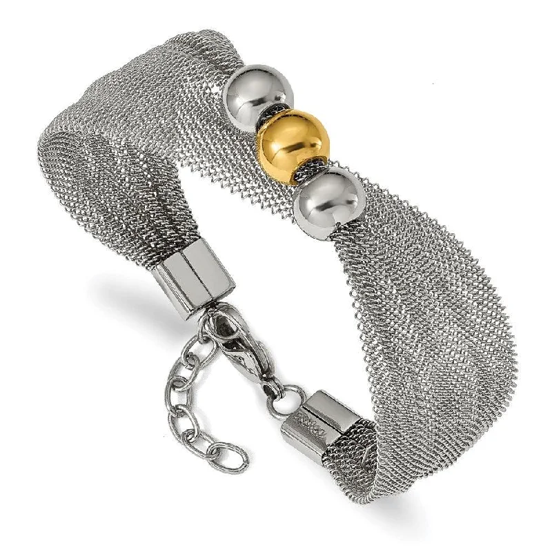 ladies bracelets unity-Stainless Steel Polished Yellow IP-plated Bead Mesh 7in w/1in ext. Bracelet