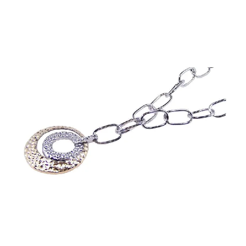 ladies necklaces offers-Clearance-Silver 925 Rhodium and Gold Plated Open Hammered Circle Pendant Necklace - BGN00024