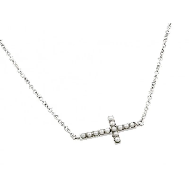 ladies necklaces gemstone-Silver 925 Rhodium Plated Sideways Cross with Pearls Pendant Necklace - BGP00834