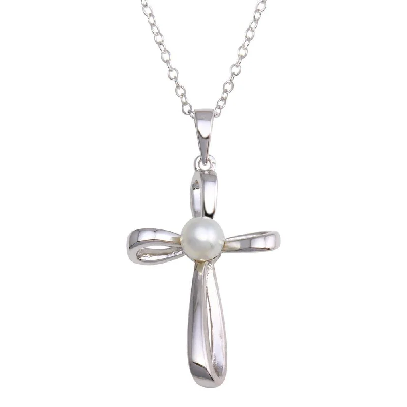 ladies necklaces thick-Rhodium Plated 925 Sterling Silver Pearl Center Cross Necklace - BGP01296