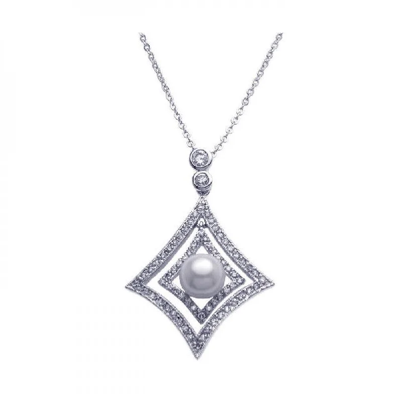 ladies necklaces antique-Clearance-Silver 925 Rhodium Plated Open Square CZ Center Pearl Necklace - BGP00254