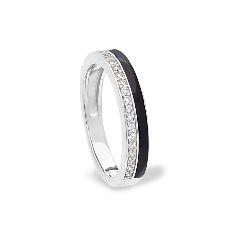 Ladies rings gothic style -Platinum Finish Sterling Silver Micropave Ring with with Black Enamel and Simulated Diamondss