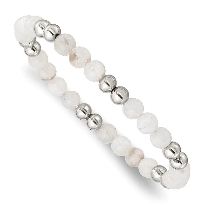 ladies bracelets custom-Stainless Steel Polished White Moonstone Beaded Stretch Bracelet