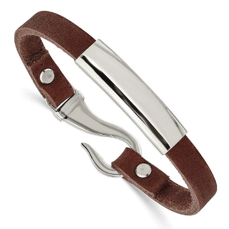 ladies bracelets long lasting-Stainless Steel Polished ID Brown Leather Bracelet