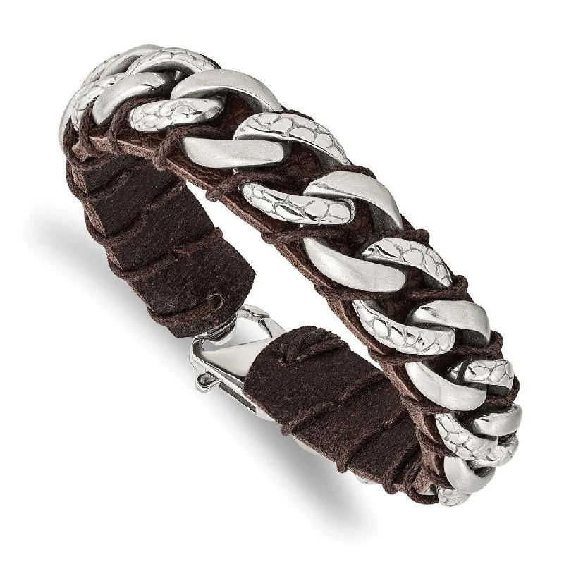 ladies bracelets near me-Stainless Steel Brushed Polished & Textured Brown Leather 8.5in Bracelet