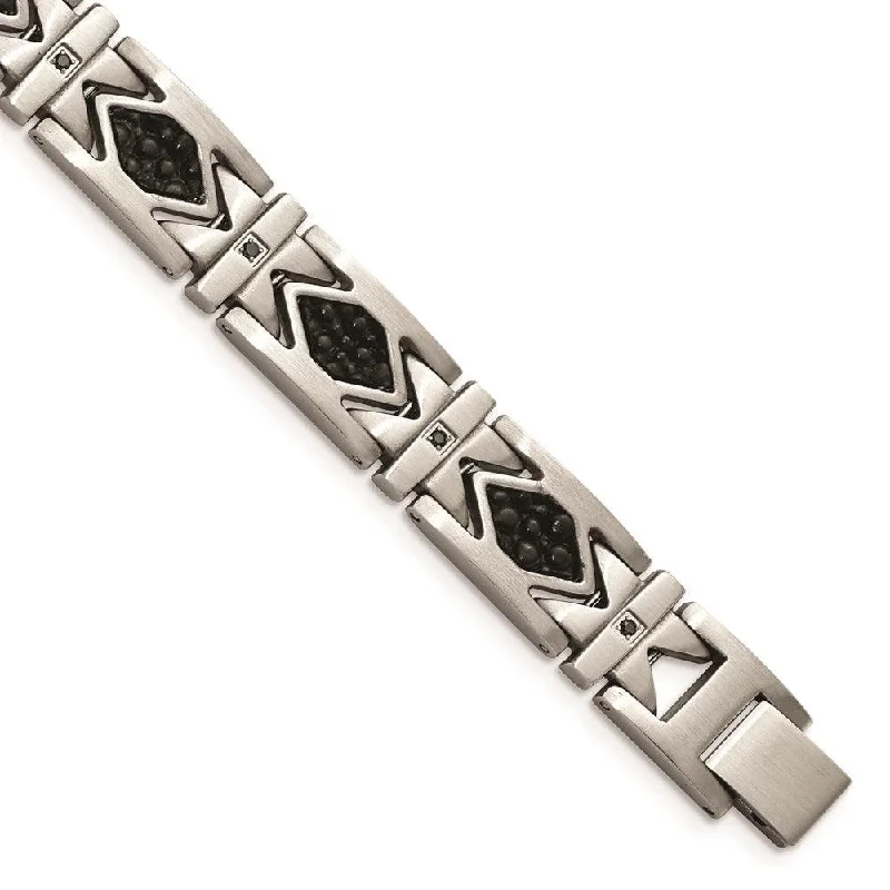 ladies bracelets diamond-Stainless Steel Leather Black CZ Brushed Bracelet