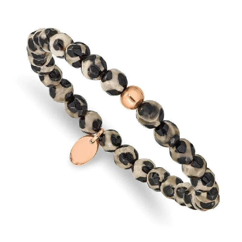 ladies bracelets seasonal design-Stainless Steel Polished Rose IP Black and White Agate Stretch Bracelet