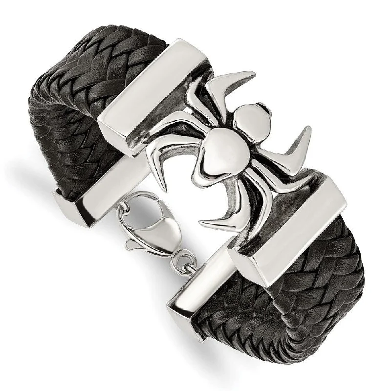 ladies bracelets eco friendly-Stainless Steel Polished Antiqued Blk Leather Spider Bracelet