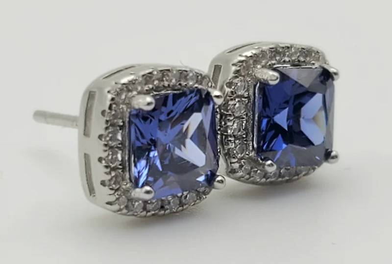 Ladies earrings moonstone glow -Blue Cushion Cut Crystal Sterling Silver Stud Earrings