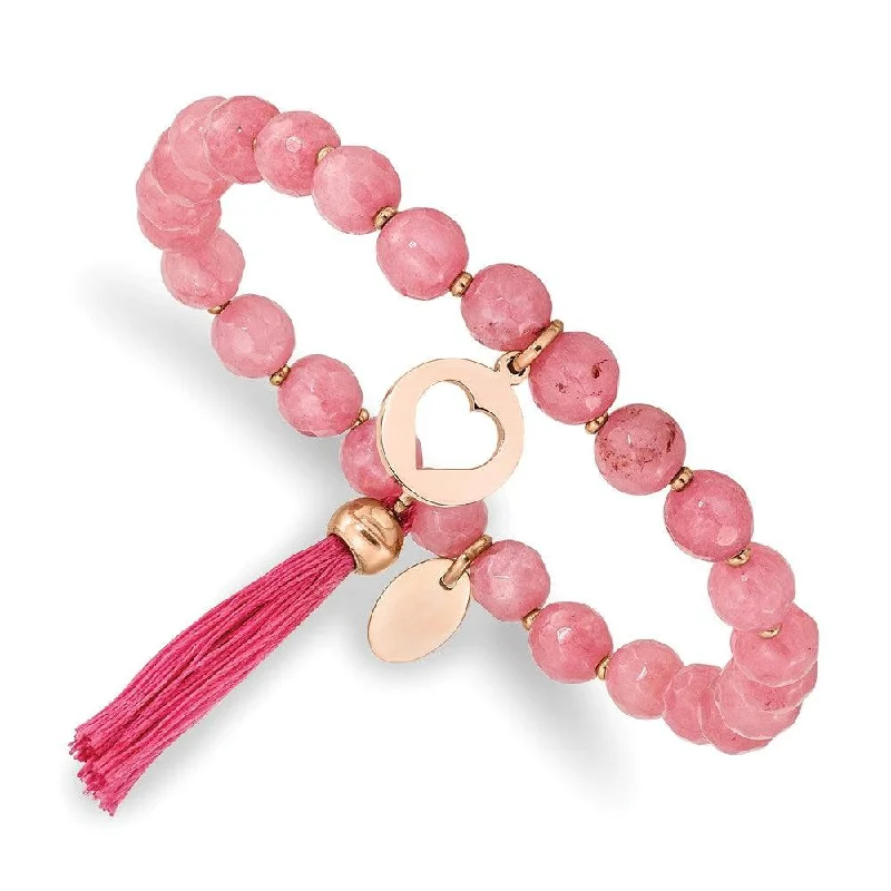 ladies bracelets lightweight design-Stainless Steel Polished Rose IP Heart w/Tassel Pink Jade Beaded Bracelet