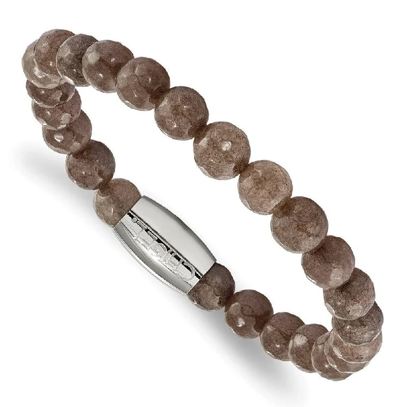 ladies bracelets unique-Stainless Steel Polished Brown Jade Bead Stretch Bracelet