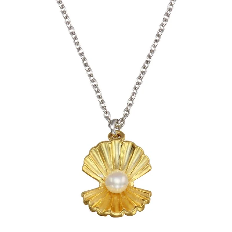 ladies necklaces swarovski-925 Sterling Silver Two Toned Clam and Synthetic Pearl Pendant Necklace - SOP00158