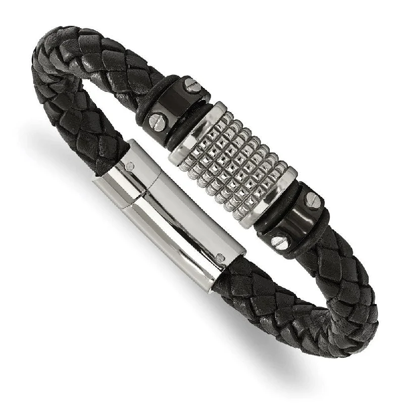 ladies bracelets sleek-Stainless Steel Polished Black IP Blk Leather Blk Rubber Bracelet