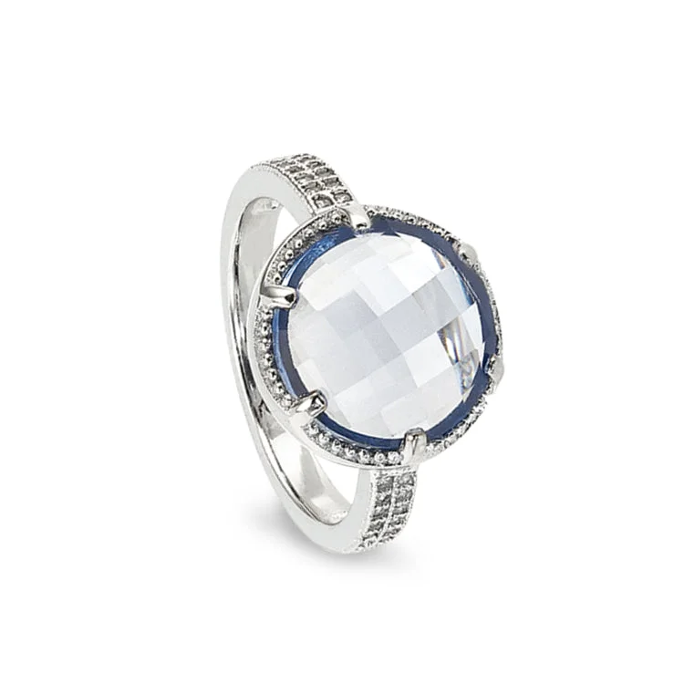 Ladies rings princess style -Platinum Finish Sterling Silver Micropave Facet Cut Blue Ring with Simulated Diamonds