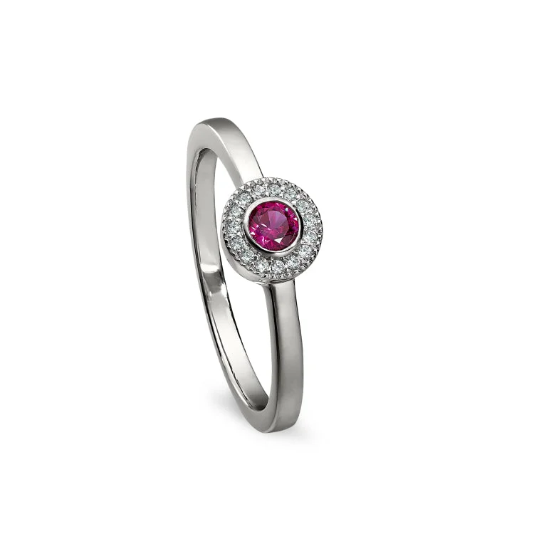 Ladies rings best friend -Platinum Finish Sterling Silver Micropave Round Simulated Ruby Ring with Simulated Diamonds Size 5