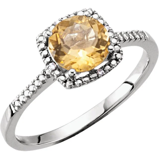 Ladies rings romantic style -STERLING SILVER 1.20 CT CITRINE & .01 CTW DIAMOND HALO RING