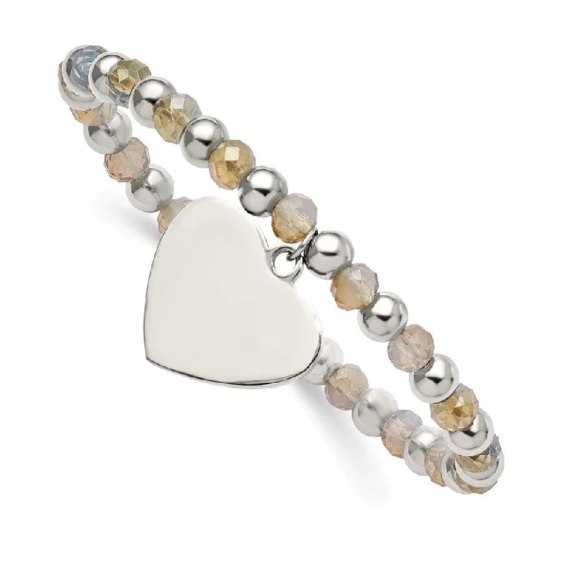 ladies bracelets treat-Stainless Steel Polished with Glass Beads Heart Dangle Stretch Bracelet