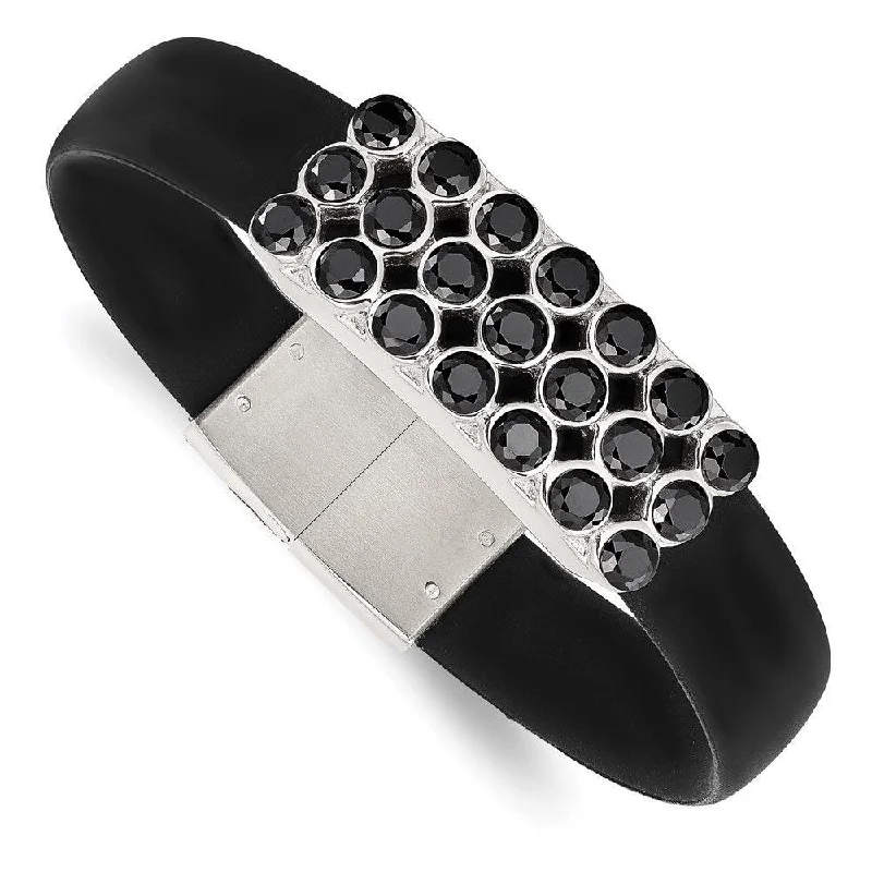 ladies bracelets keepsake-Stainless Steel Polished Black CZ Rubber band Bracelet