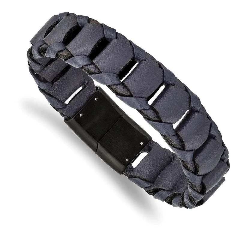 ladies bracelets lightweight-Stainless Steel Brushed Black IP-plated Blue Leather 8.5in Bracelet