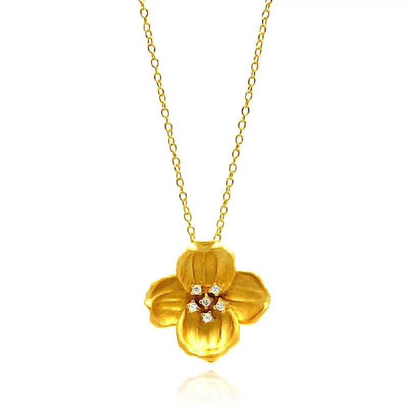 ladies necklaces chain-Silver 925 Gold Plated Clear CZ Flower Pendant Necklace - STP00940