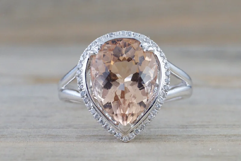 Ladies engagement rings round cut -4.16 cts 14k White Gold Pear Peach Pink Morganite set in a Diamond Halo Engagement Ring Vintage