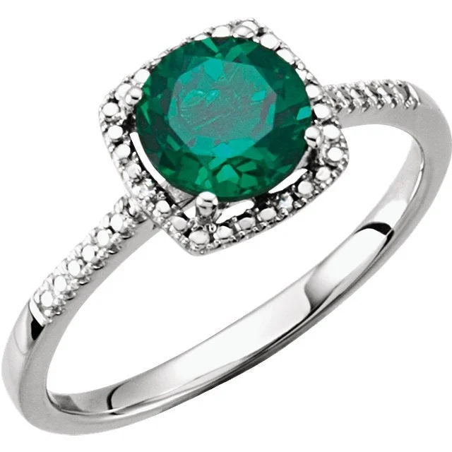 Ladies rings flag accent -STERLING SILVER 1.25 CT CREATED EMERALD & .01 CTW DIAMOND HALO RING