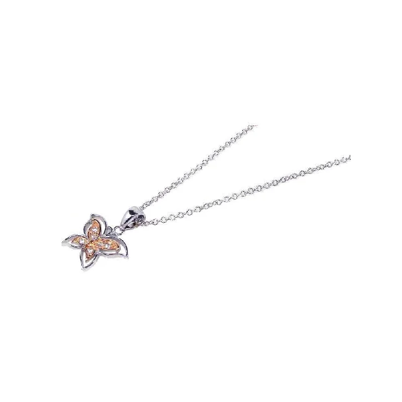 ladies necklaces custom design-Silver 925 Clear CZ Rhodium Gold Plated Butterfly Pendant Necklace - BGP00086