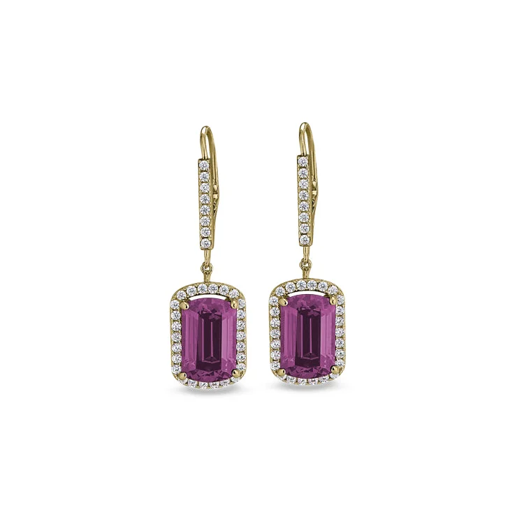 Ladies earrings princess style -Gold Finish Sterling Silver Micropave Emerald Cut Pink Stone Earrings with Simulated Diamongs