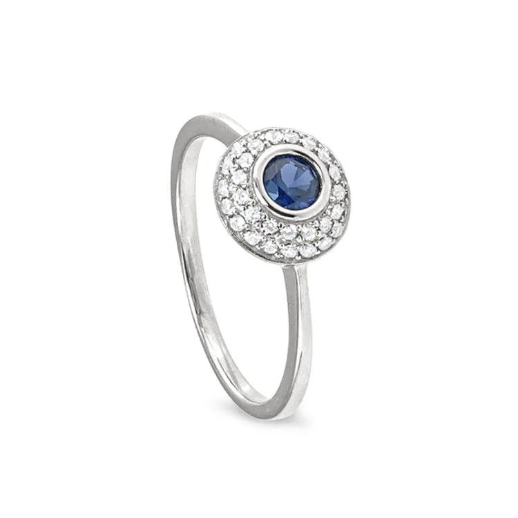 Ladies rings eco friendly -Platinum Finish Sterling Silver Micropave Ring with Synthetic Blue Sapphire and Simulated Diamonds