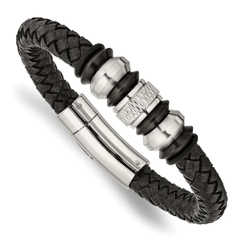 ladies bracelets work-Stainless Steel Brushed/Polished Blk Leather Blk IP Blk Rubber Bracelet