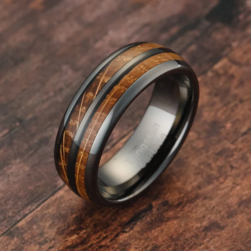 Ladies engagement rings custom made -Gunmetal Gray Tungsten Rings For Men whiskey barrel Wood grain Inlay wooden Wedding Promise Engagement Band Size 6-16