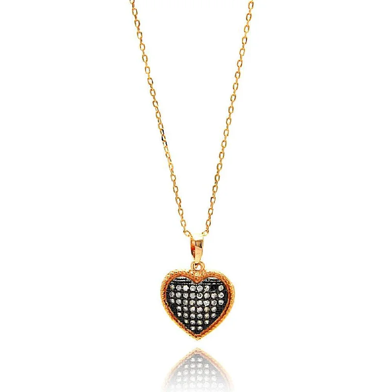 ladies necklaces materials-Silver 925 Gold Plated Black and Clear Heart CZ Necklace - BGP00640