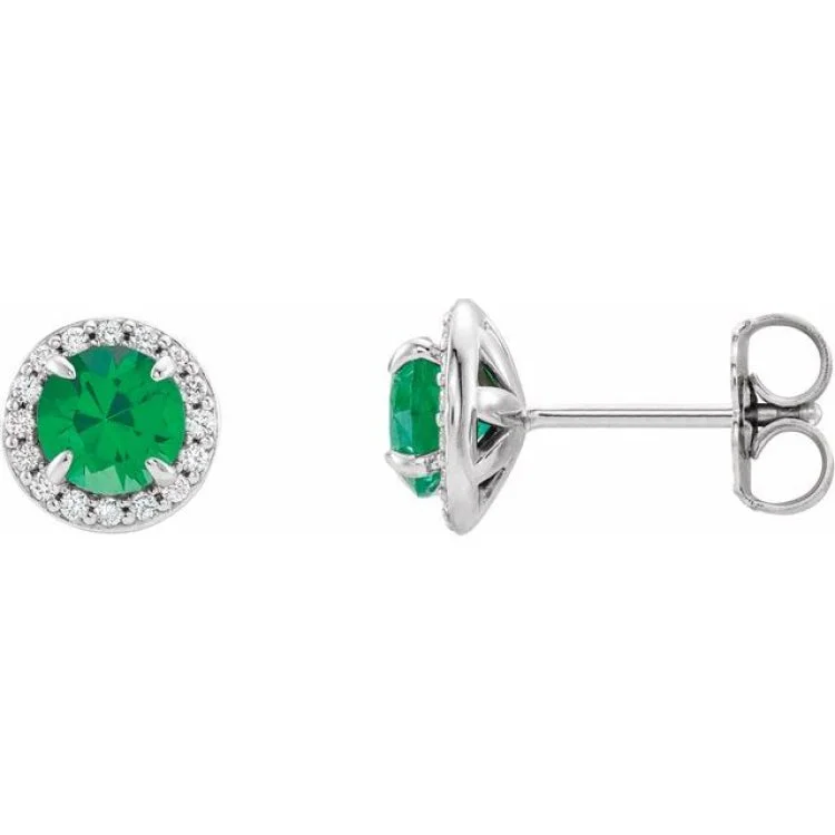 Ladies earrings tarnish resistant -14K White 3.5 mm Lab-Grown Emerald & 1/8 CTW Natural Diamond Earrings