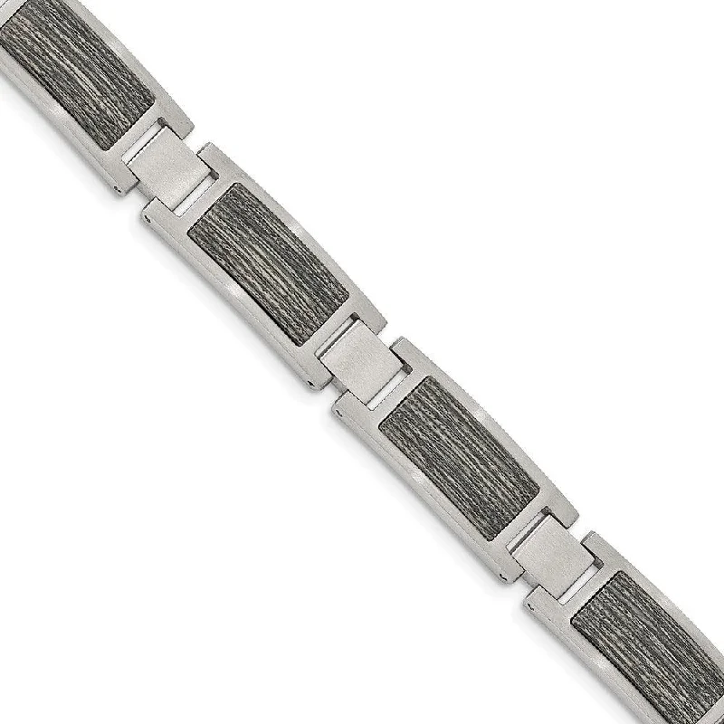 ladies bracelets animal-Stainless Steel Brushed with Gray Wood Inlay 8.75in Link Bracelet