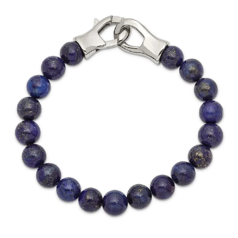 ladies bracelets christmas-Stainless Steel Polished Genuine Lapis Beads 9in Bracelet