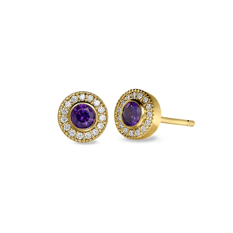 Ladies earrings scottish design -Gold Finish Sterling Silver Micropave Round Simulated Amethyst Earrings with Simulated Diamonds